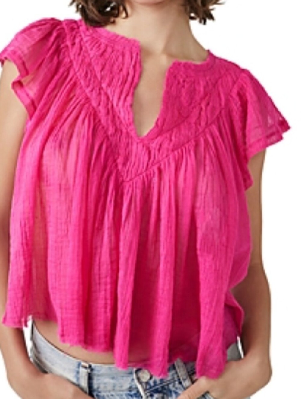 Free People One Padma Flutter Sleeve Magentiful Top With Raw Fringy Hem